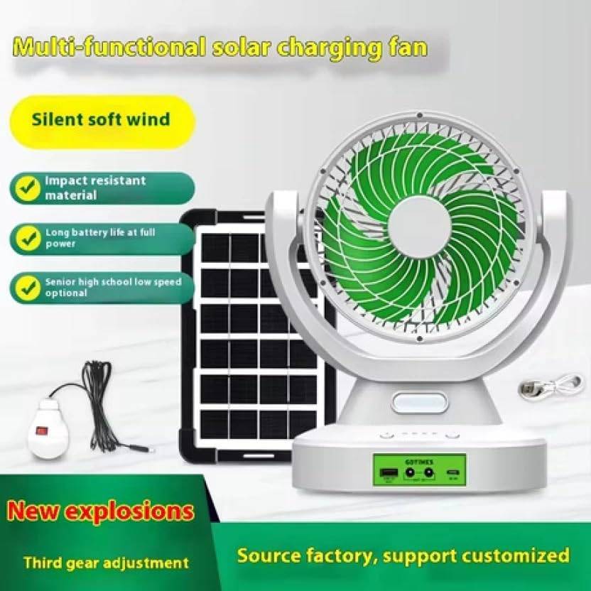 Solar Powered Rechargeable Fan with LED Light, Portable Table Fan with Solar Panel, White and Green