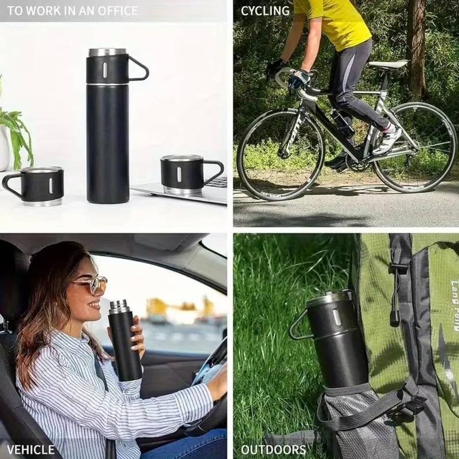 500ml Stainless Steel Double Wall Thermos Vacuum Flask and 3x 180ml Cups