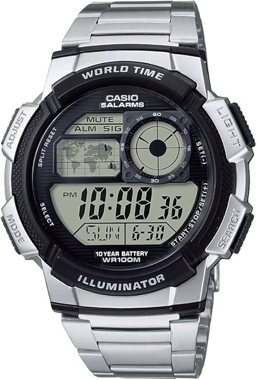 Casio Men`s AE1000WD-1AVCF World Time Silver-Tone Bracelet and Digital Sport Watch