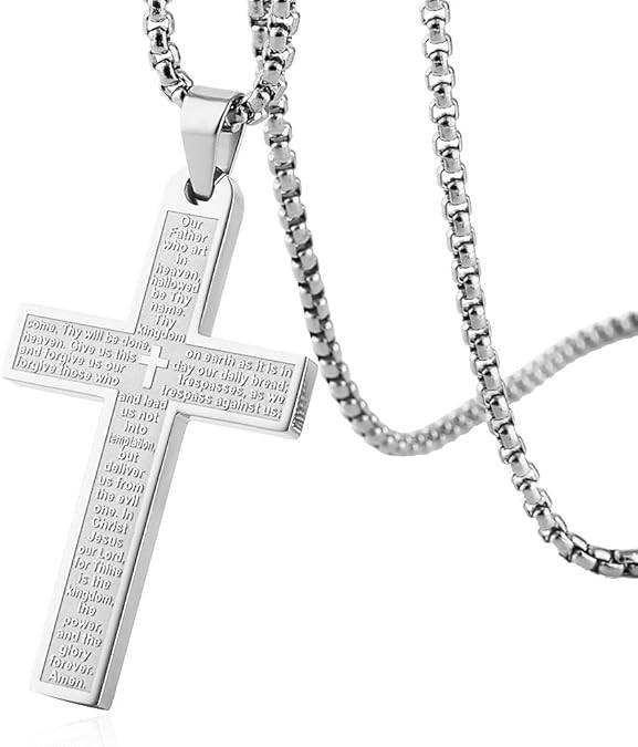 Stainless steel cross necklace main prayer pendant for men women, Jesus Cross Chain