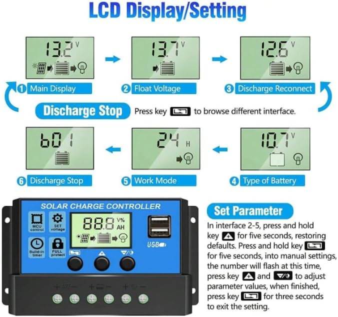 Solar Panel Controller 12V/24V Adjustable LCD Display With Build-In Battery Regulator, 30A