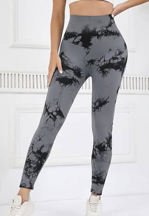 Rejuvist Fitness High Waisted Tie-Dye Print Athletic Leggings (Grey, Small)