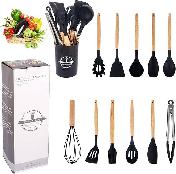Kitchen Utensil Set 12 PCS Silicone Cooking Utensils Set with Wooden Handle Non-Stick (Grey)