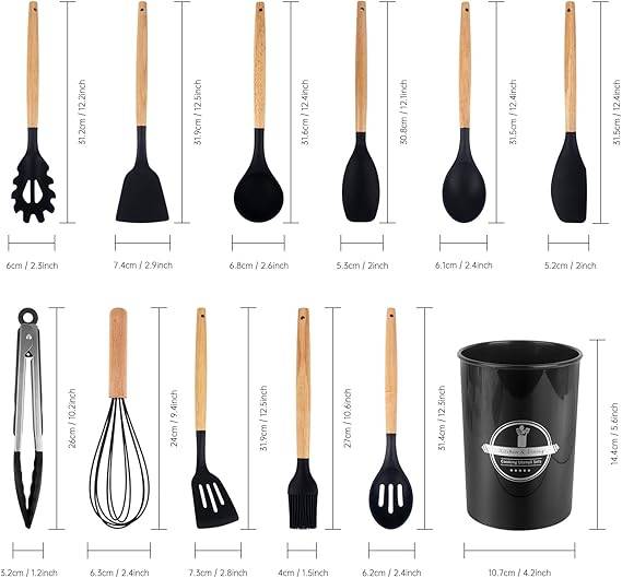 Kitchen Utensil Set 12 PCS Silicone Cooking Utensils Set with Wooden Handle Non-Stick (Grey)