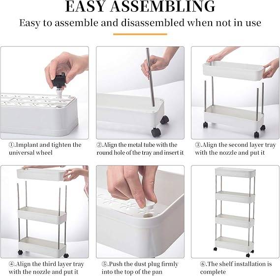 4-Tier Slim Storage Shelf Rolling Organizer Cart with Stainless Steel and ABS Material for Kitchen
