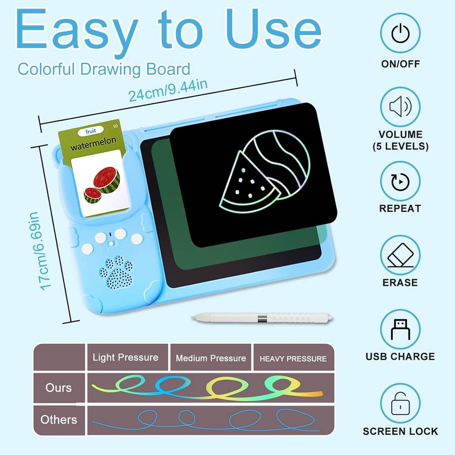 Gentle Monster LCD Writing Tablet for Kids with Talking Flash Cards (510 Sight Words), Montessori To