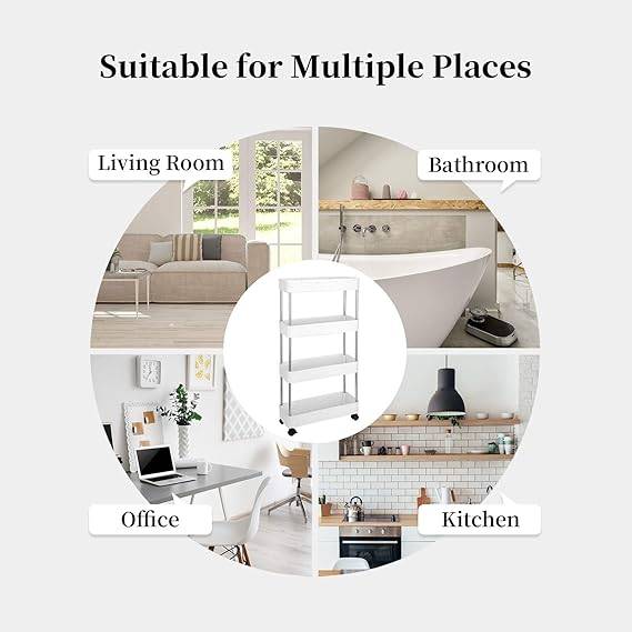 4-Tier Slim Storage Shelf Rolling Organizer Cart with Stainless Steel and ABS Material for Kitchen