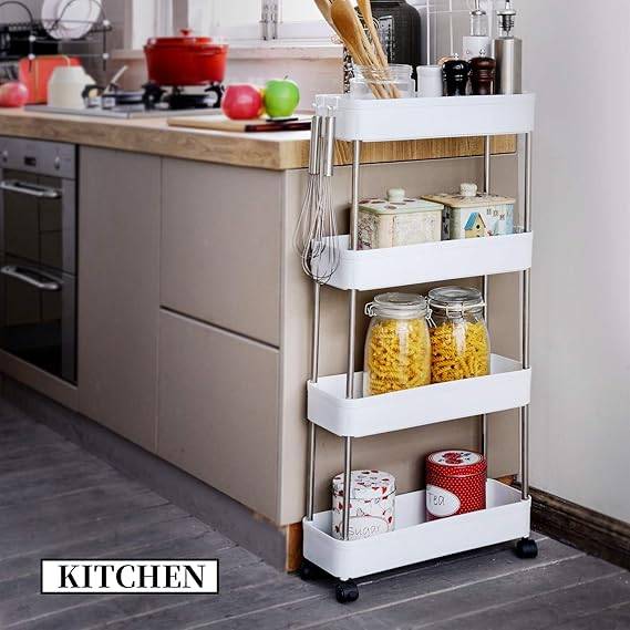 4-Tier Slim Storage Shelf Rolling Organizer Cart with Stainless Steel and ABS Material for Kitchen