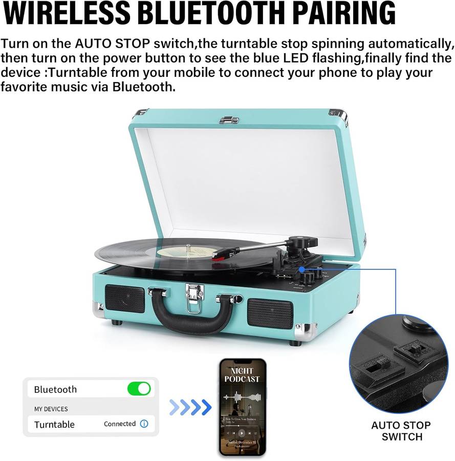 Vinyl Record Player 3-Speed Record Player Bluetooth Suitcase Turntable Record Player