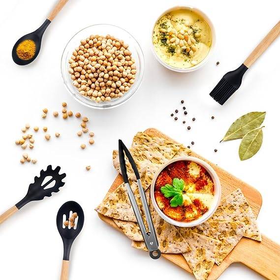 Kitchen Utensil Set 12 PCS Silicone Cooking Utensils Set with Wooden Handle Non-Stick (Grey)