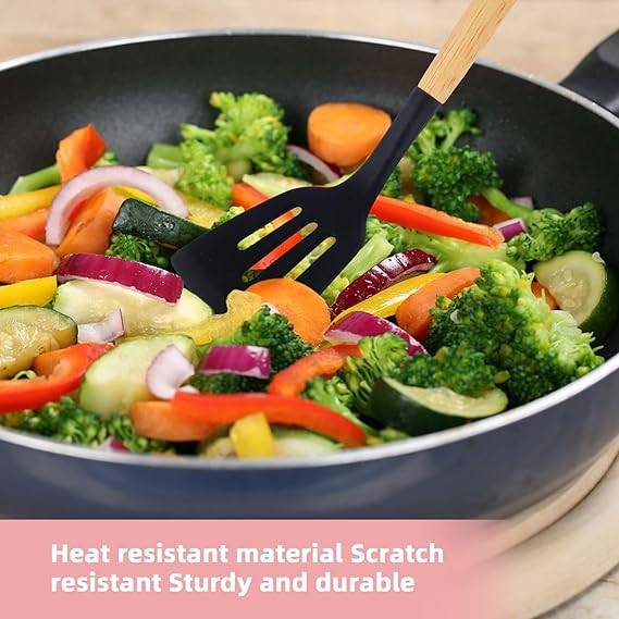 Kitchen Utensil Set 12 PCS Silicone Cooking Utensils Set with Wooden Handle Non-Stick (Grey)