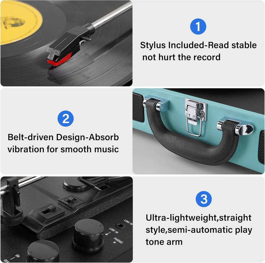 Vinyl Record Player 3-Speed Record Player Bluetooth Suitcase Turntable Record Player