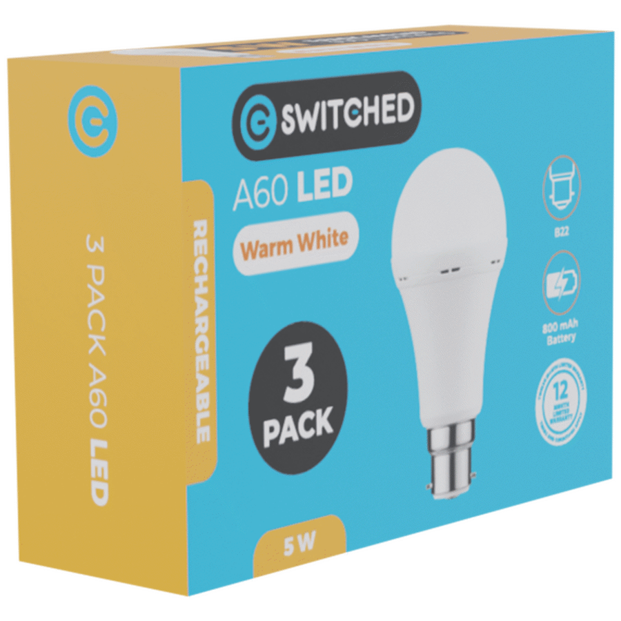 Switched 5w A60 Rechargeable B22 LED Light Bulb - WW - 3 Pack