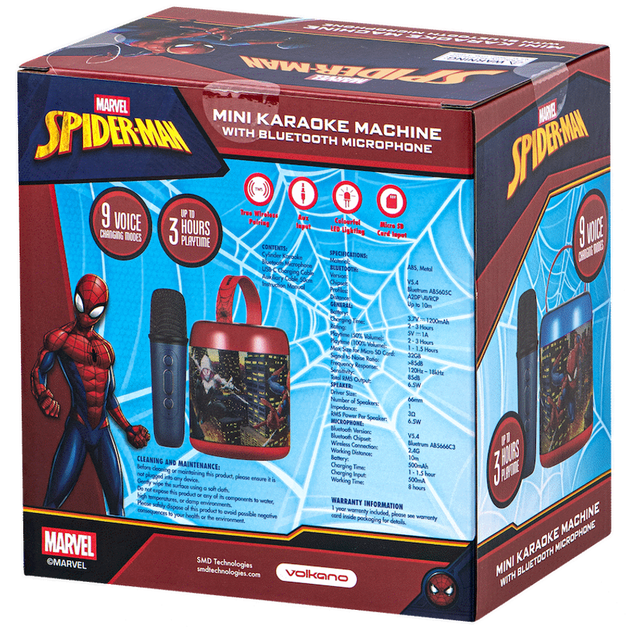 Marvel Spider-Man Cylinder Karaoke Speaker with Bluetooth Microphone