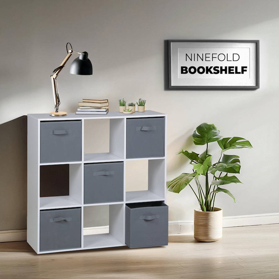Everfurn Ninefold Bookshelf with 5 Storage Bins