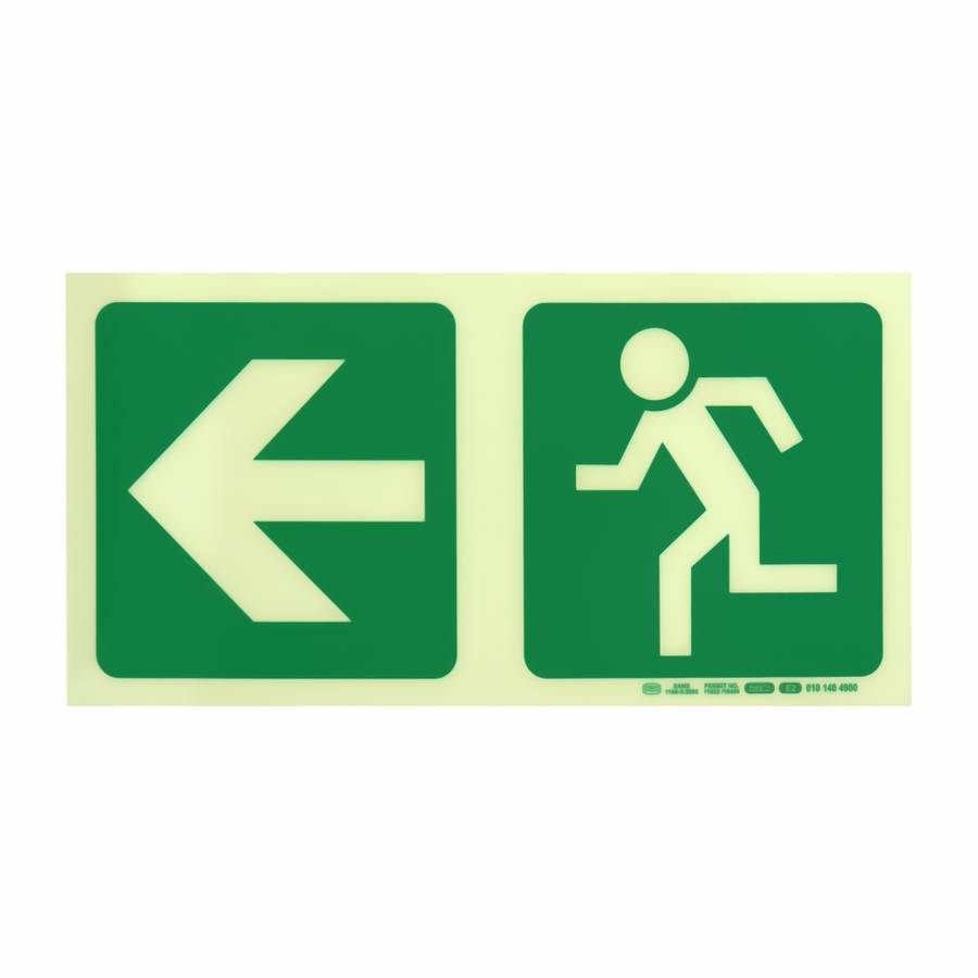 Photoluminescent 190MM Safety Sign - E2-Arrow Left+Running Man