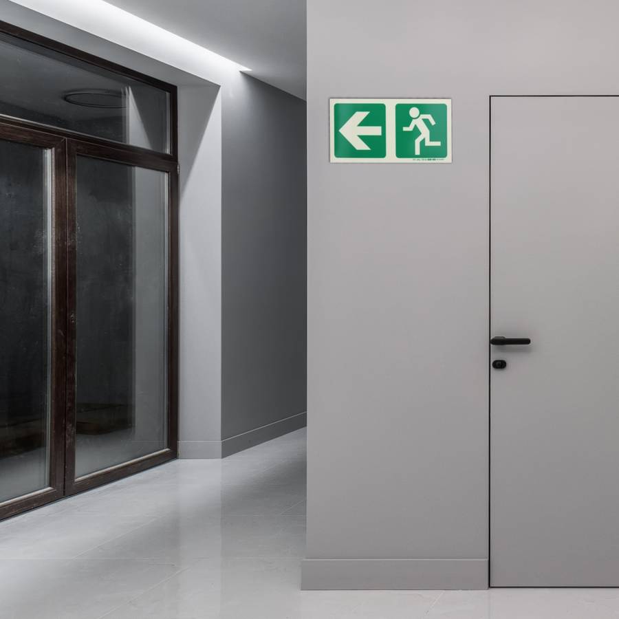 Photoluminescent 190MM Safety Sign - E2-Arrow Left+Running Man