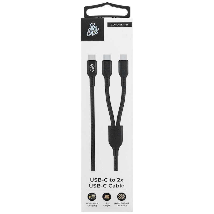 Pro Bass Cord Series 1.2m 15w USB-C to 2x USB-C Braided - Black