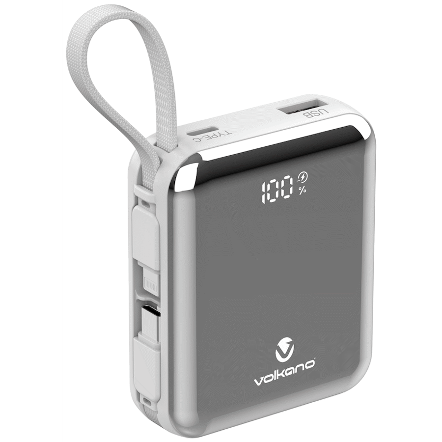 Volkano Solace Series 10 000 mAh Power Bank with Built-in USB-C & Lightning Cable - White & Silver