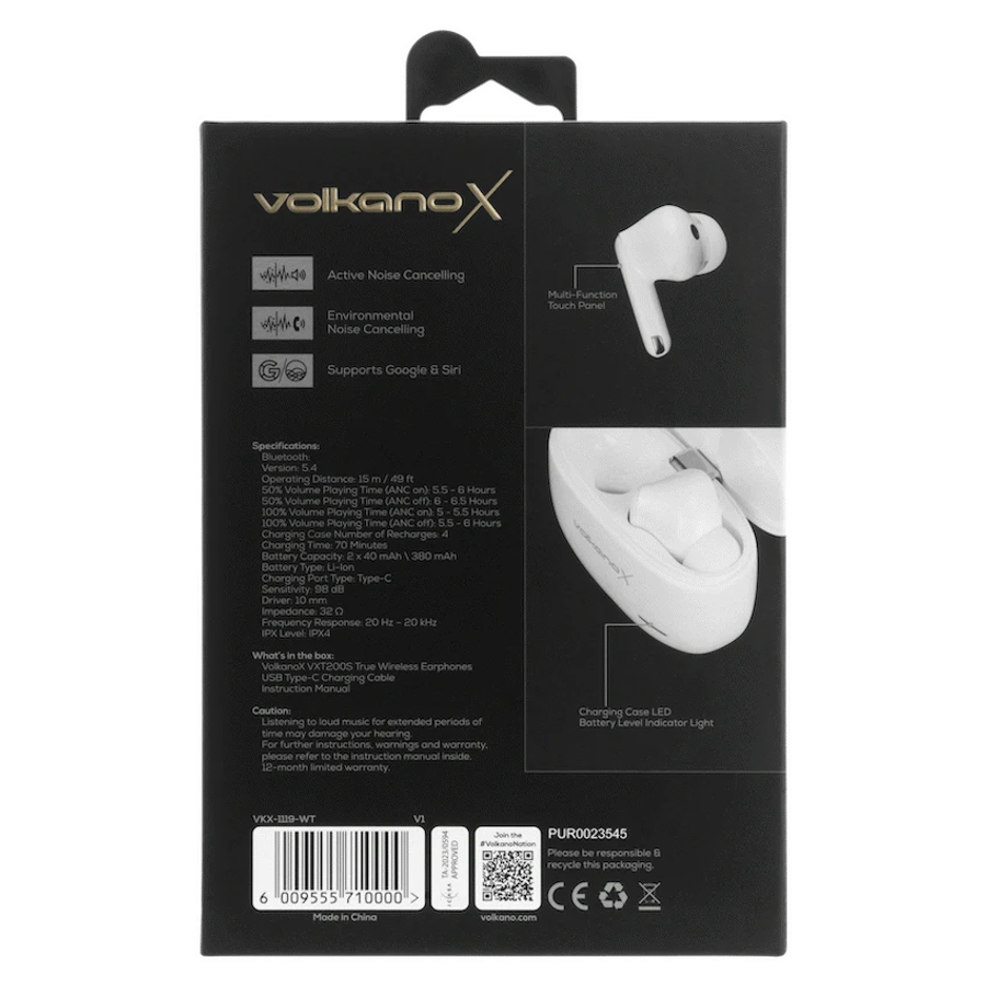 VolkanoX VXT200S Hybrid ANC TWS Earphones - White
