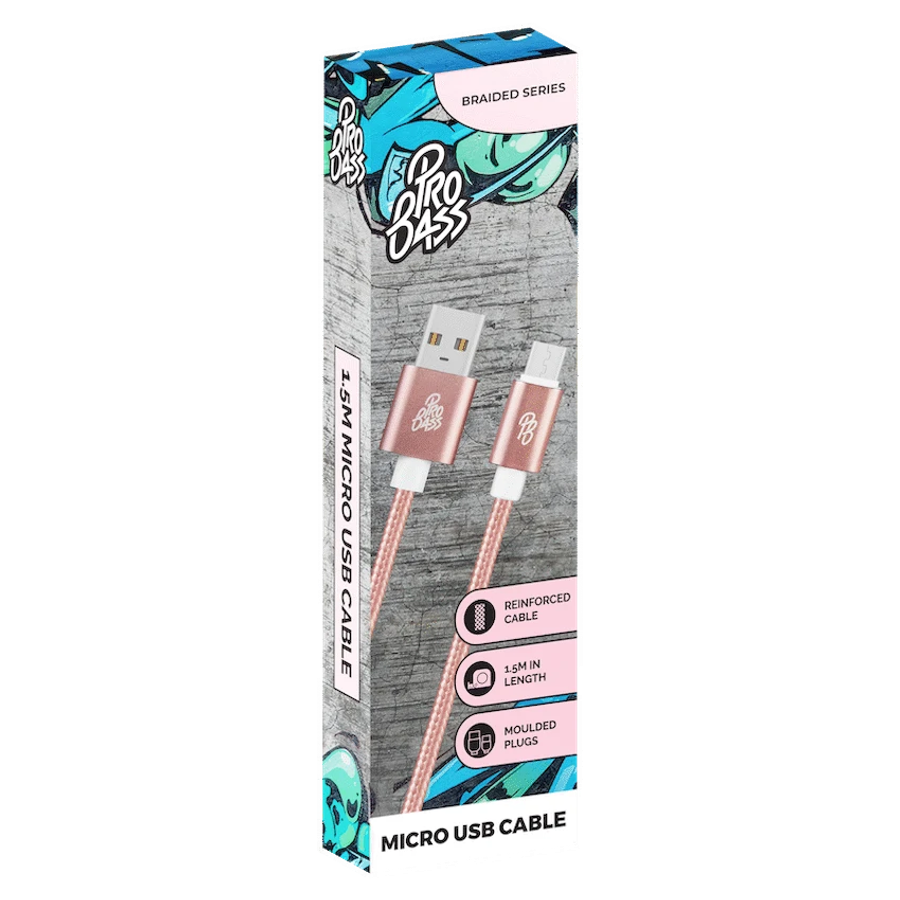 Pro Bass Braided Series Micro USB Cable - Pastel Pink 1.5m