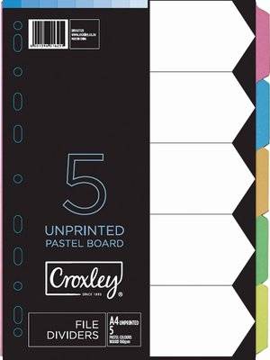 Croxley JD1477 A4 Unprinted Pastel Board File Dividers - 5 Divisions (160gsm)(Pastel Colours)