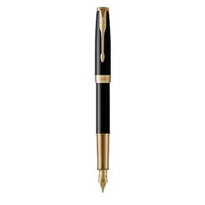 Parker Sonnet Medium 18K Gold Nib Fountain Pen (Black with Gold Trim)(Black Ink) - Presented in a Gi