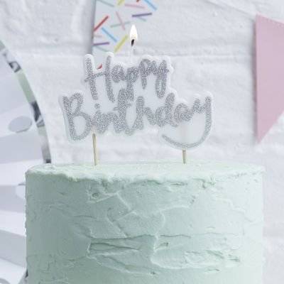 Pick & Mix - Sparkling Silver Glitter Happy Birthday Cake Candle Topper