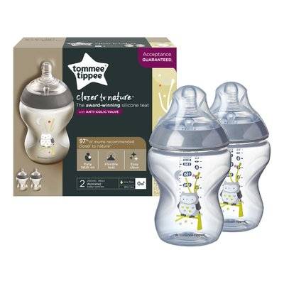 Tommee Tippee Closer To Nature Baby Bottle (2-Pack)(Grey)(260ml)(Ollie The Owl)(0 Months +)