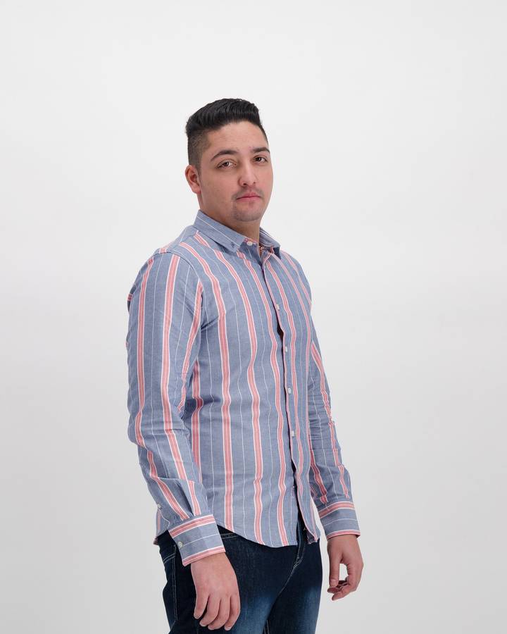 Brave Soul Striped Long Sleeve Oxford Shirt - Blue (M)