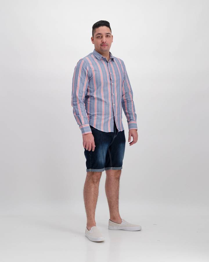 Brave Soul Striped Long Sleeve Oxford Shirt - Blue (M)