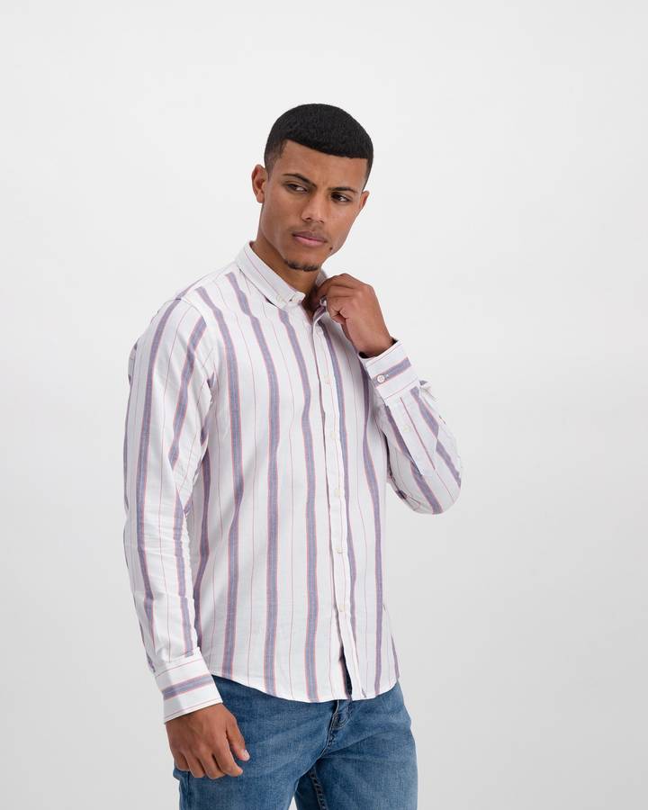 Brave Soul Striped Long Sleeve Oxford Shirt - White (M)