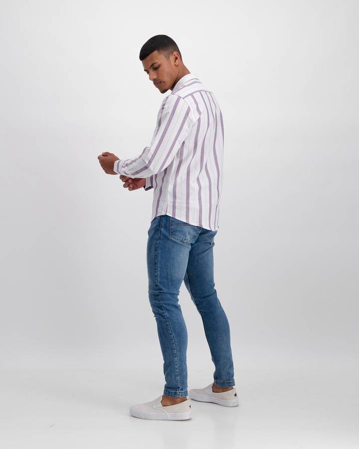 Brave Soul Striped Long Sleeve Oxford Shirt - White (M)