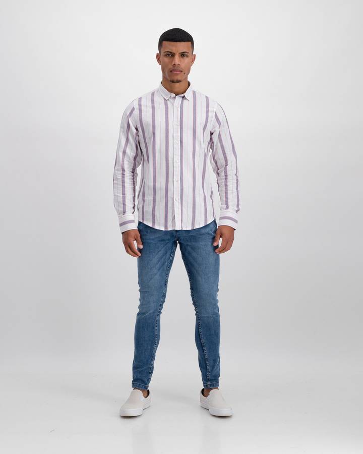 Brave Soul Striped Long Sleeve Oxford Shirt - White (M)