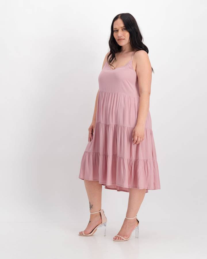 Mode Curve Short Strappy Tiered Dress - Blush (44)