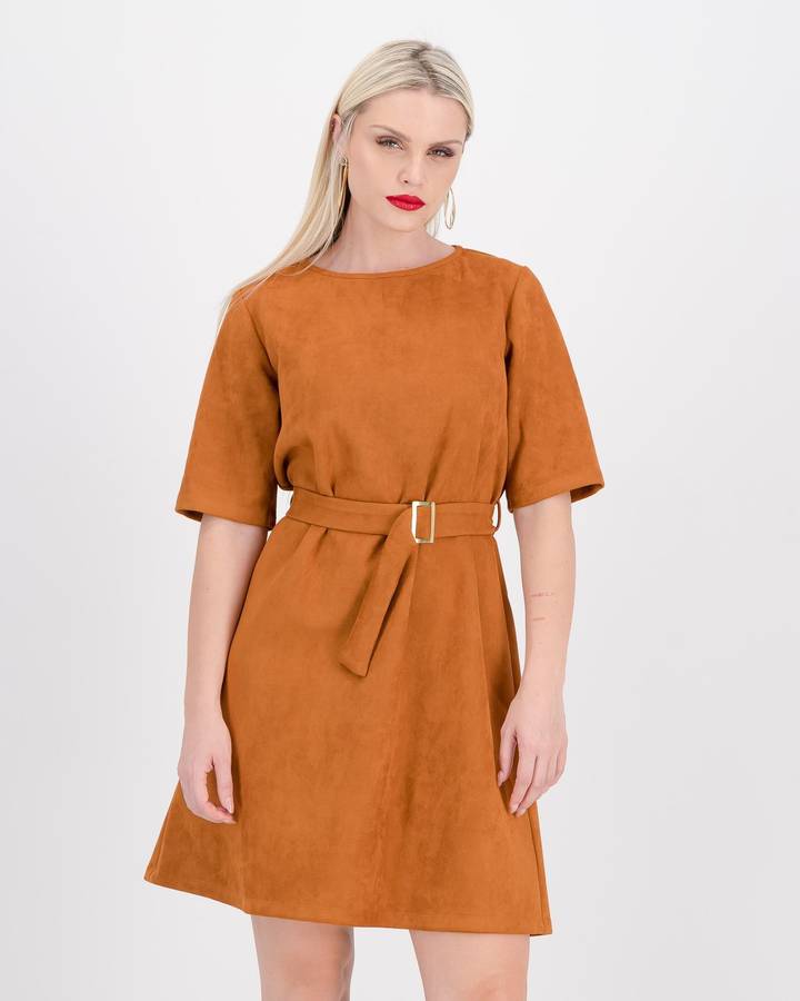 Style Mode Suede Shift Dress with Belt - Rust (42)