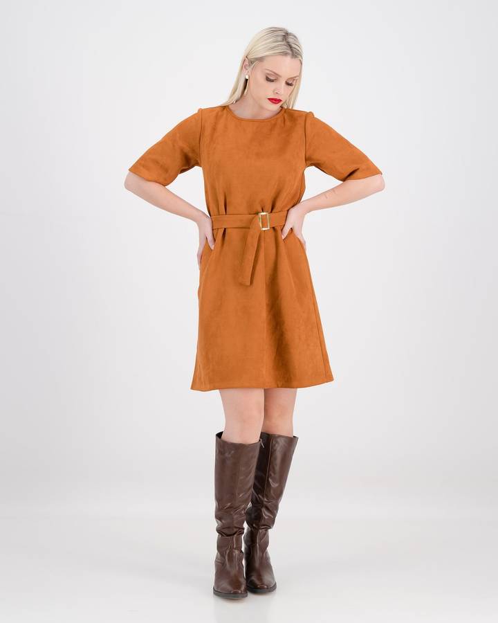Style Mode Suede Shift Dress with Belt - Rust (42)
