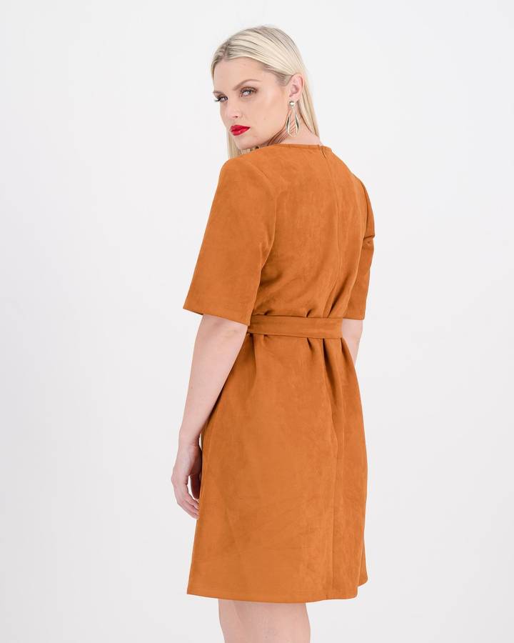 Style Mode Suede Shift Dress with Belt - Rust (42)