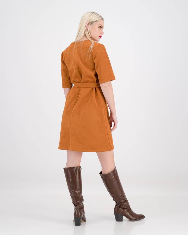 Style Mode Suede Shift Dress with Belt - Rust (42)