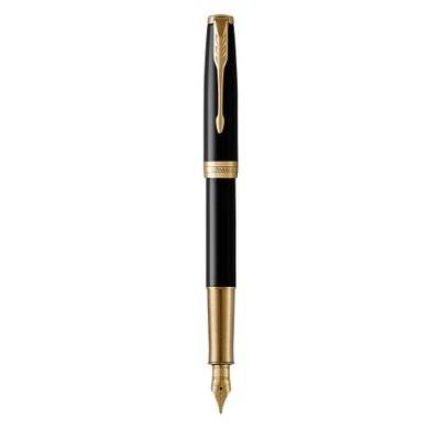Parker Sonnet Medium 18K Gold Nib Fountain Pen (Black with Gold Trim)(Black Ink) - Presented in a Gi