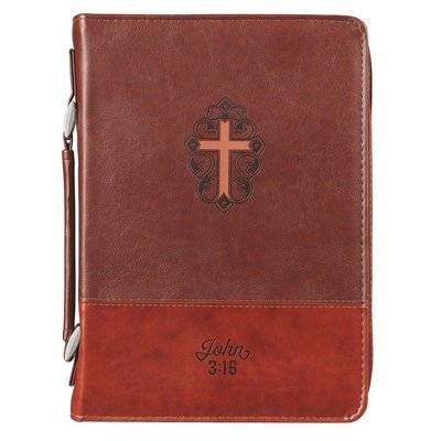 John 3:16 Collection Two-Tone Brown Faux Leather Bible Cover With Cross (Medium) (Leather / fine bin