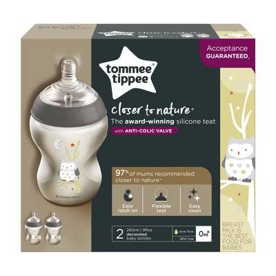 Tommee Tippee Closer To Nature Baby Bottle (2-Pack)(Grey)(260ml)(Ollie The Owl)(0 Months +)