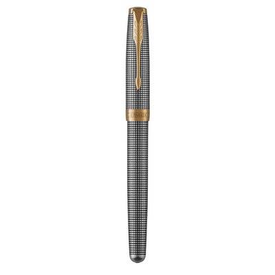 Parker Sonnet Fine Nib Rollerball Pen (Chiselled Silver with Gold Trim)(Black Ink) - Presented in a