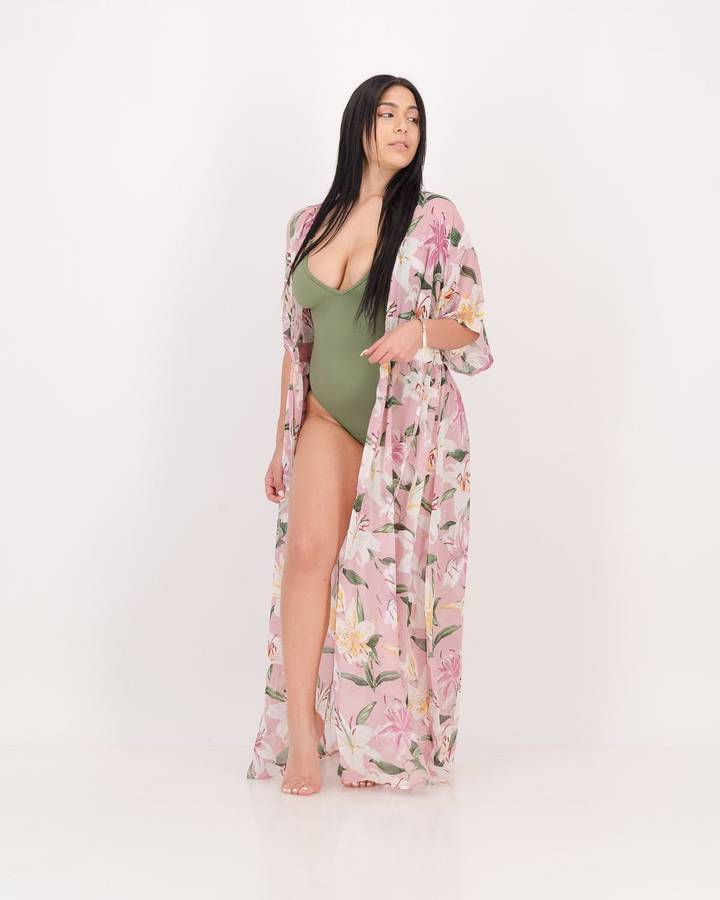 LaMode Long Length Blouse With Kimono Sleeve - Pink Print (36)