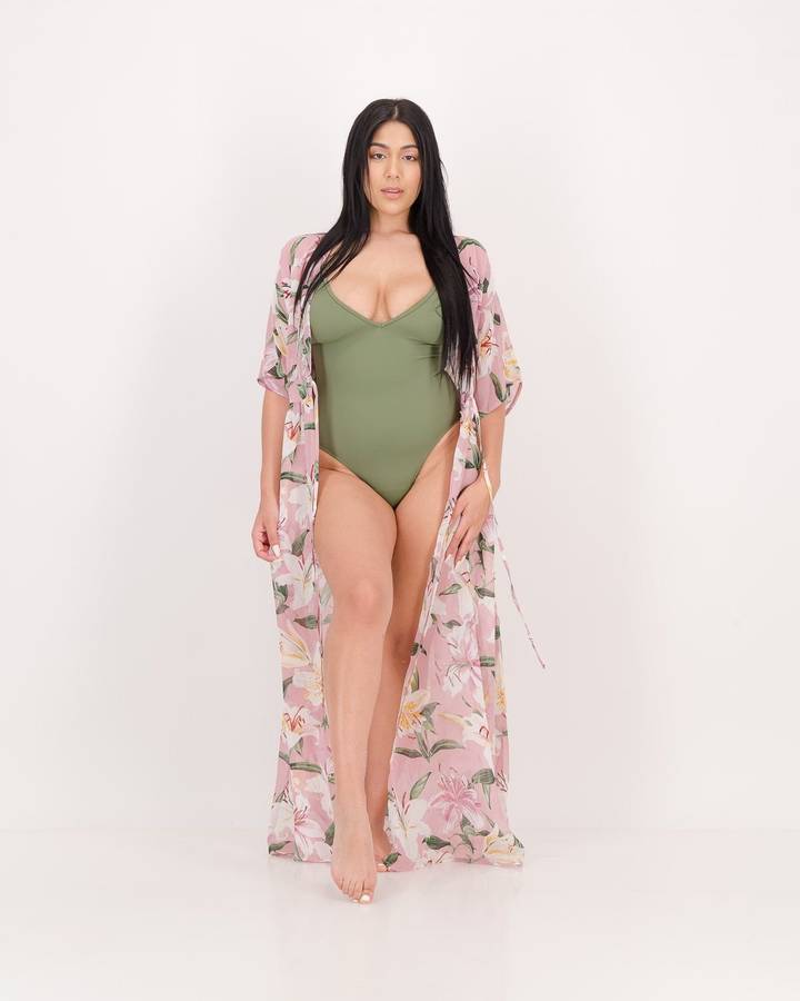 LaMode Long Length Blouse With Kimono Sleeve - Pink Print (36)