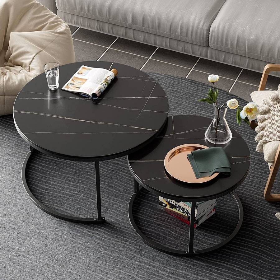 Coffee Tables -Nesting Set of 2 - Rounded Faux Marble Top Black Colour