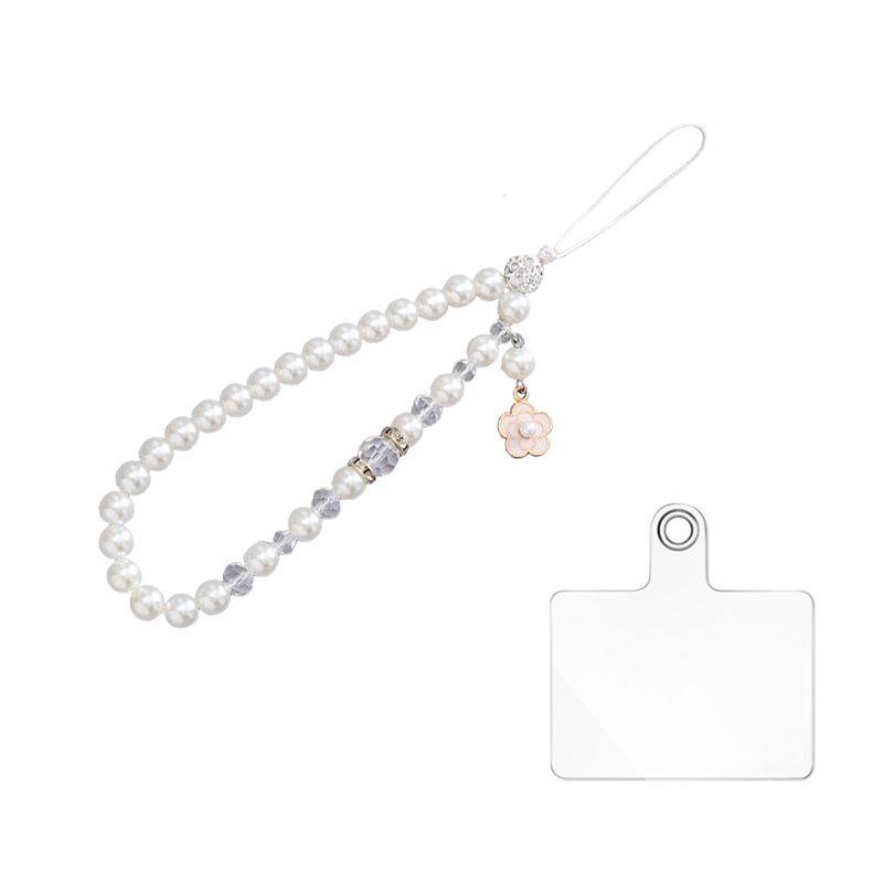 Beaded Crystal Pearls Phone Charm Chain with Patch - Black