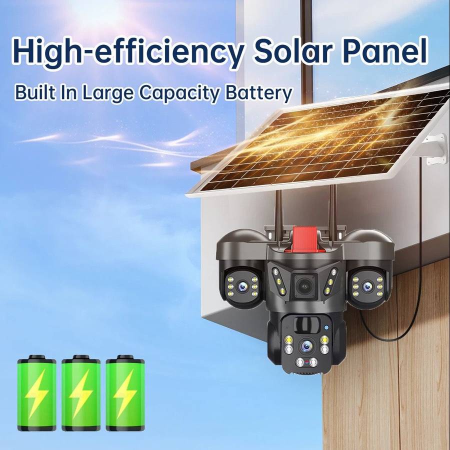 Solar Security Wi-Fi Camera, 3 lenses, 12MP, night vision, waterproof.