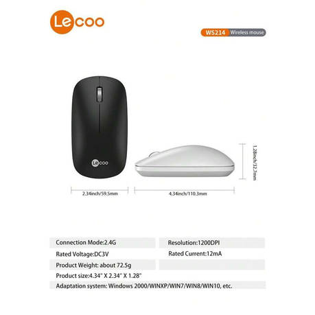 Lenovo Lecoo - WS214 - 2.4G Slim Portable 1200 DPI Wireless Mouse - Grey