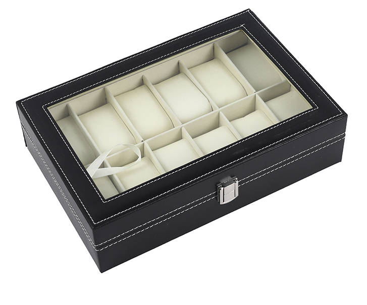 Jack Brown Luxury 12-Slot Leather Watch Display Box - (Black and Red) (Broken Glass)(Refurbished)